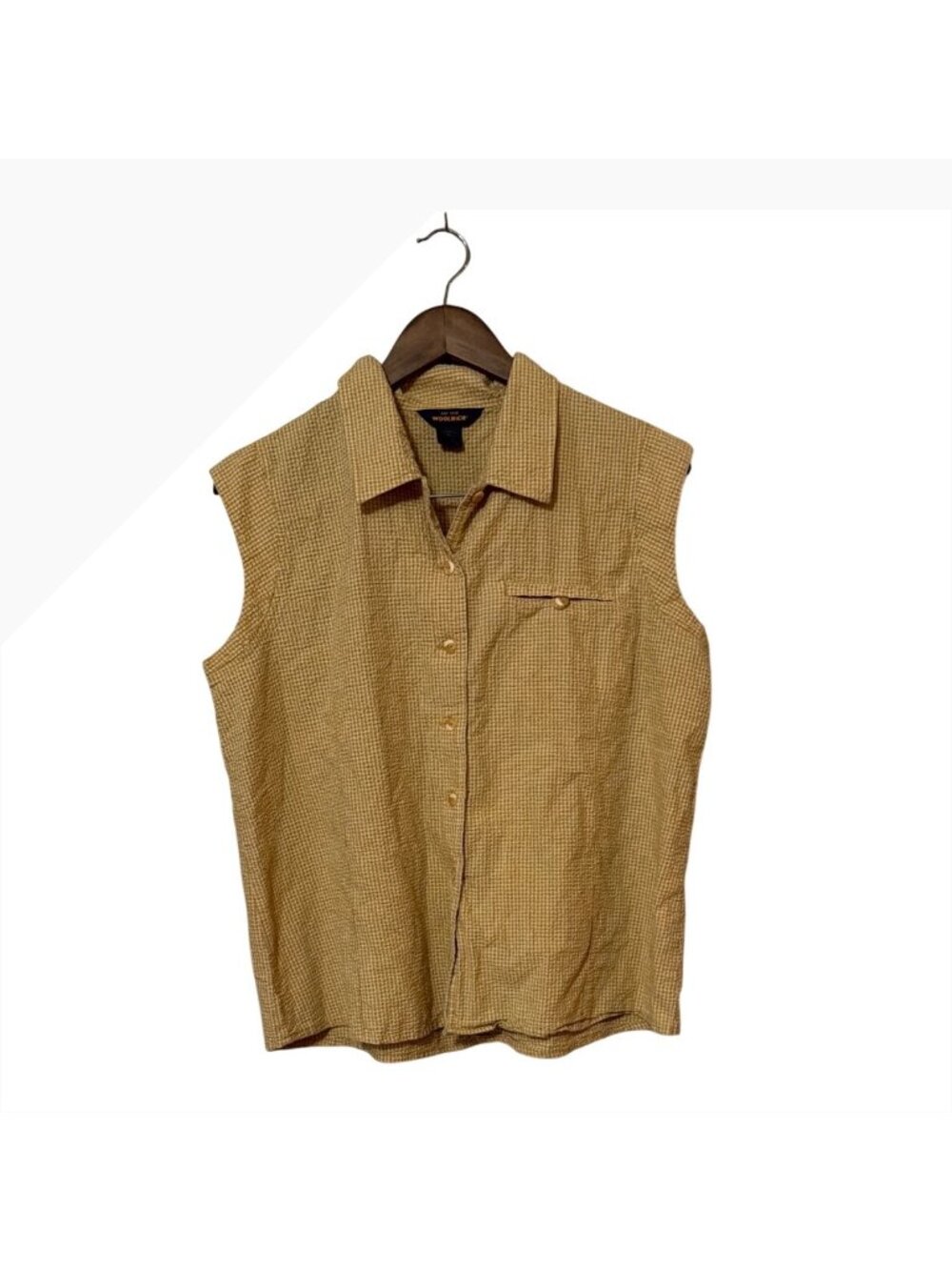 Vtg Seersucker Woolrich XL Sleeveless Button-Up Yellow Gingham Shirt Casual - Picture 2 of 6